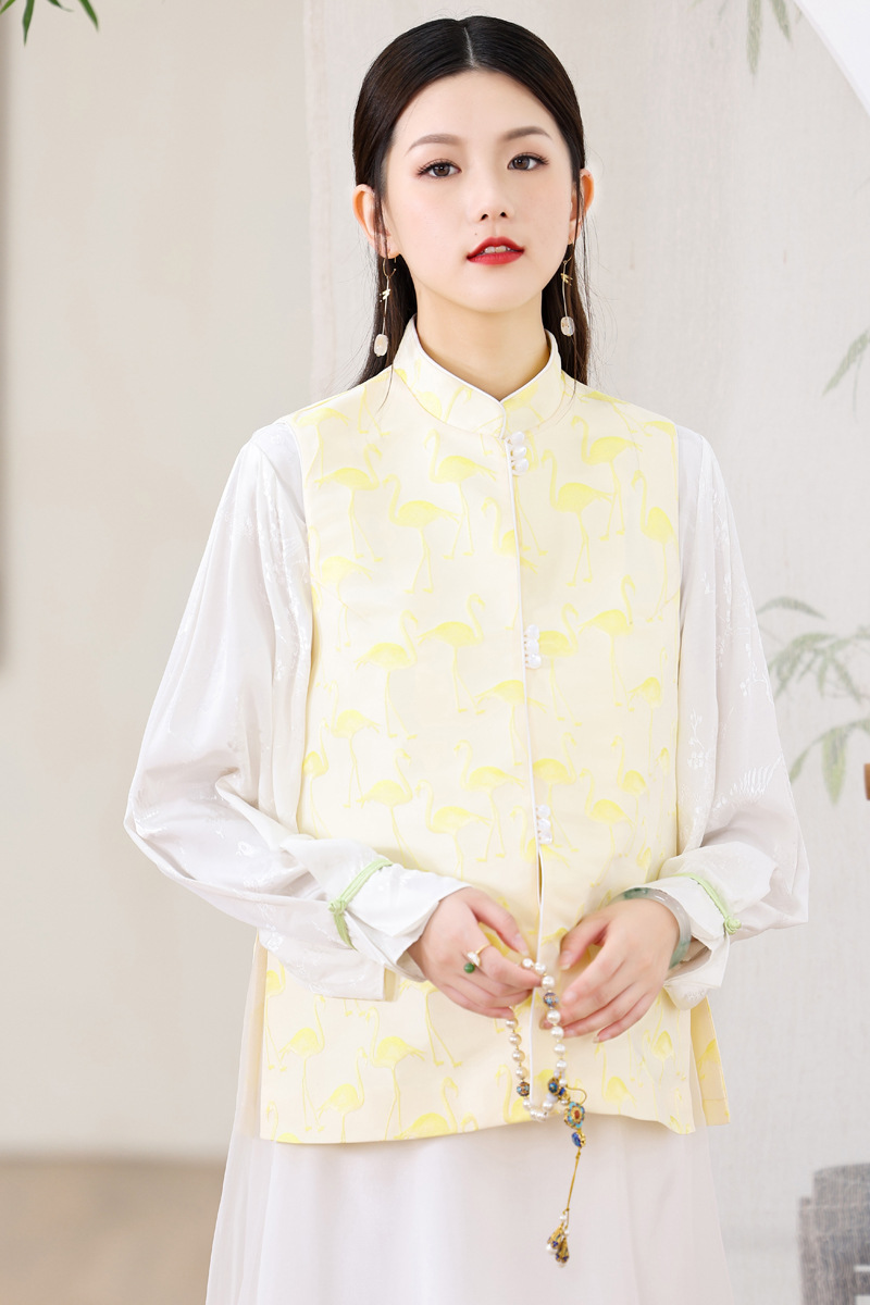 黄色复古女装中式马甲女春秋改良旗袍提花显瘦背心坎肩中国风唐装