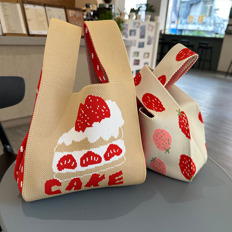 Korean Style Cartoon Style Strawberry Large Capacity Small Bag Women's Knitted Portable Tote Bag Storage Bag Outdoor Portable Bag