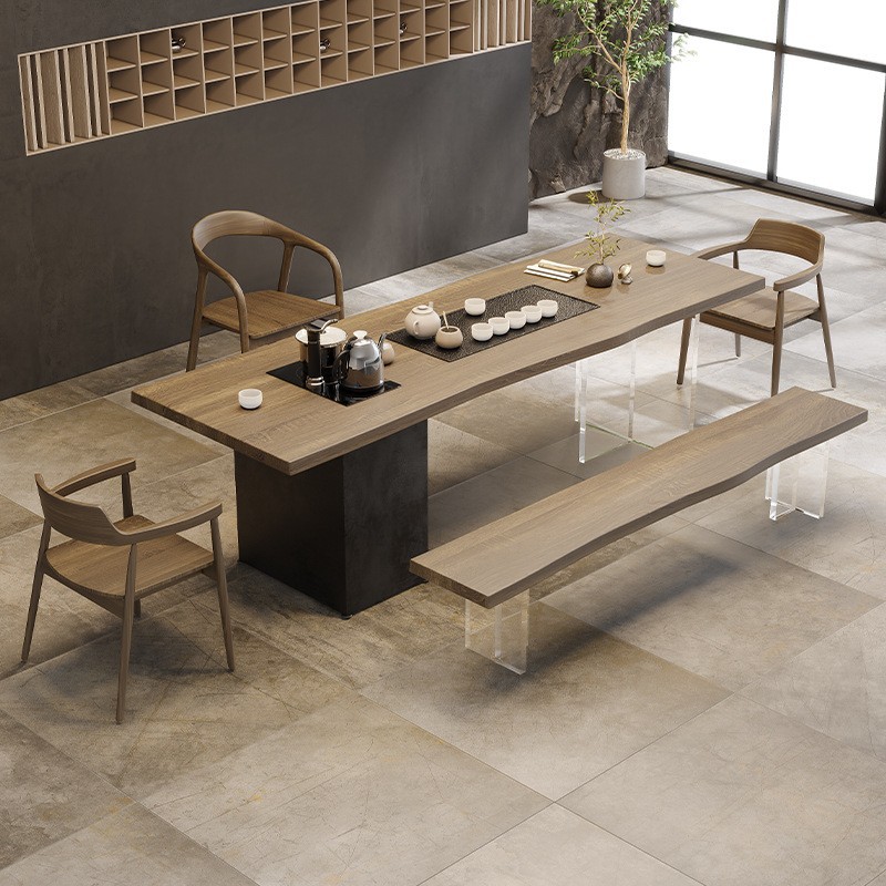 全实木茶桌椅组合亚克力带柜子办公室功夫茶台客厅复古原木大板桌