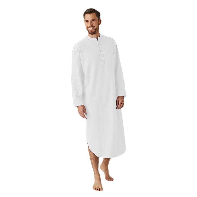 AliExpress Muslim Men's European and American Nightgown Long Sleeve Button Solid Color Arabic Shirt Cross-Border Men's Robe