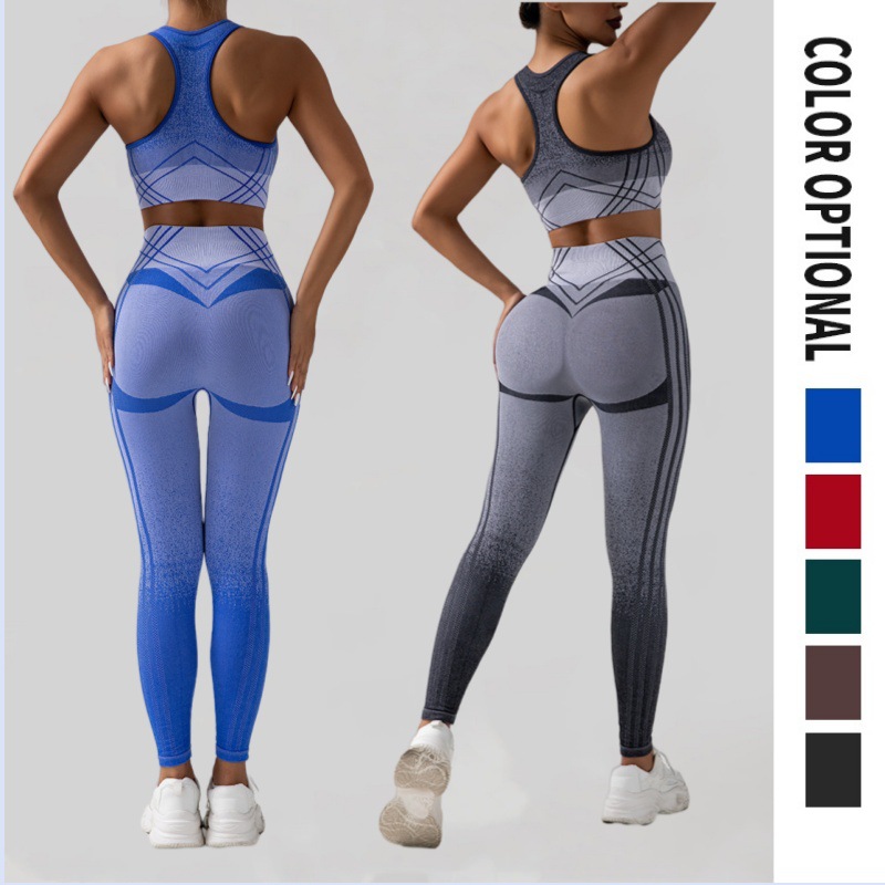 Cross-Border New Arrival Seamless Knitted Gradient Yoga Suit Fitness Running High Waist Hip Lift Yoga Pants Sports Vest