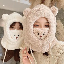 可爱小熊毛绒帽围巾帽子一体冬季韩版百搭女显脸小耳朵和脖子保暖