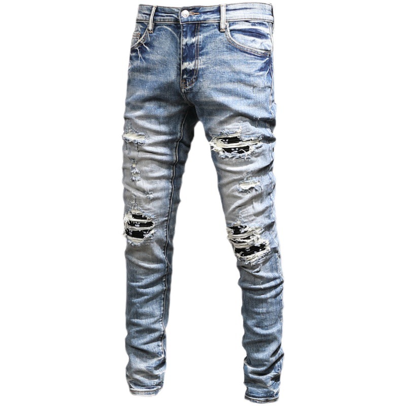 European Station Heavy High Street Fashionable Ripped Jeans Fashion Brand Retro Slim Fit Skinny Patch Young Men's Jeans