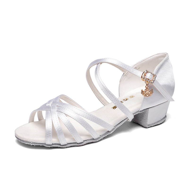 舞帕儿童白色拉丁舞鞋女童软底中跟练舞鞋考级比赛演出鞋初学者