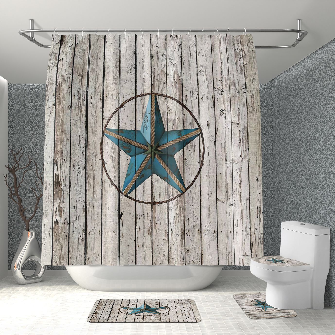 Source Manufacturer Amazon Cross-Border Hot Sale Five-Pointed Star Waterproof Polyester Bathroom Shower Curtain Floor Mat Four-Piece Set