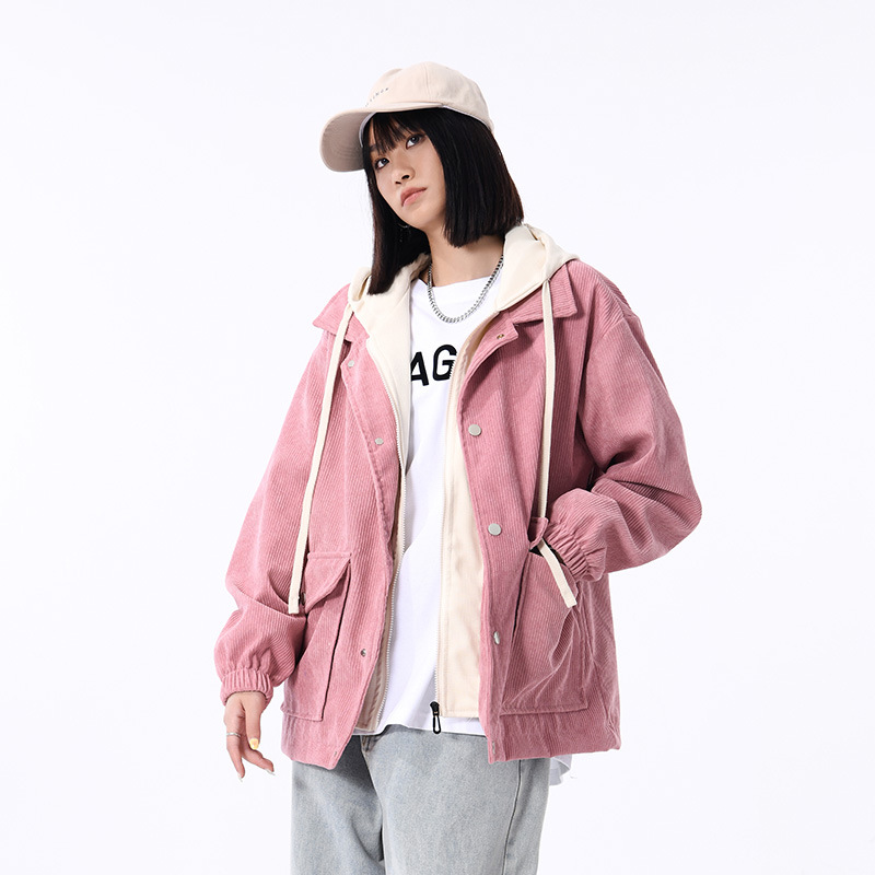 批发假两件情侣外套女生春秋款高级潮牌宽松连帽女生甜妹夹克跨境