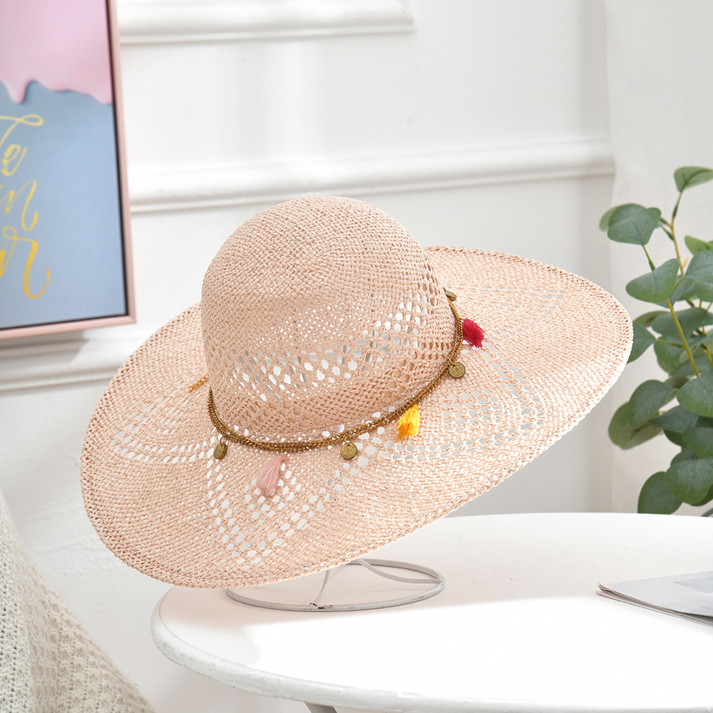 Factory Wholesale Summer Wave Edge Big Brim Hat Bow YILI Beads Straw Hat Ladies Beach Sun Hat Trend