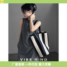 跨境批发Vibe Ring小众条纹帆布包2023新款高级感大容量托特包单