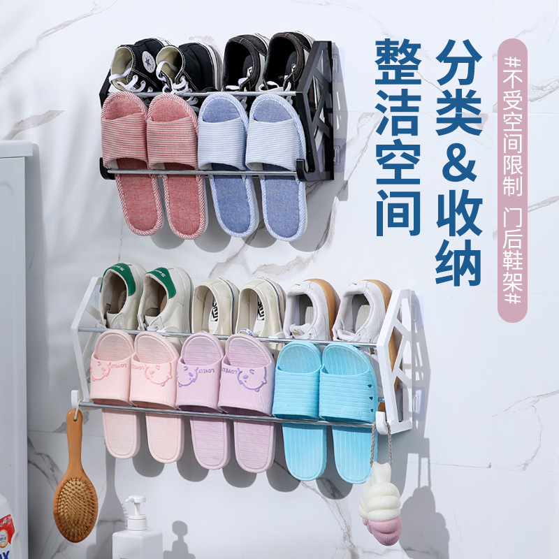 Sticky Punch-Free Slippers Shelf Bathroom Bathroom Storage Wall Hanging Simple Drain Shoe Rack behind Doors Wholesale