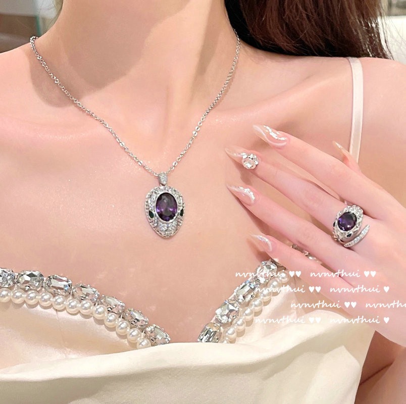 Gaoding Jewelry Amethyst Snake-Shaped Set Purple Diamond Snake Pendant Open Ring Colored Gems Stud Earrings Short Clavicle Chain