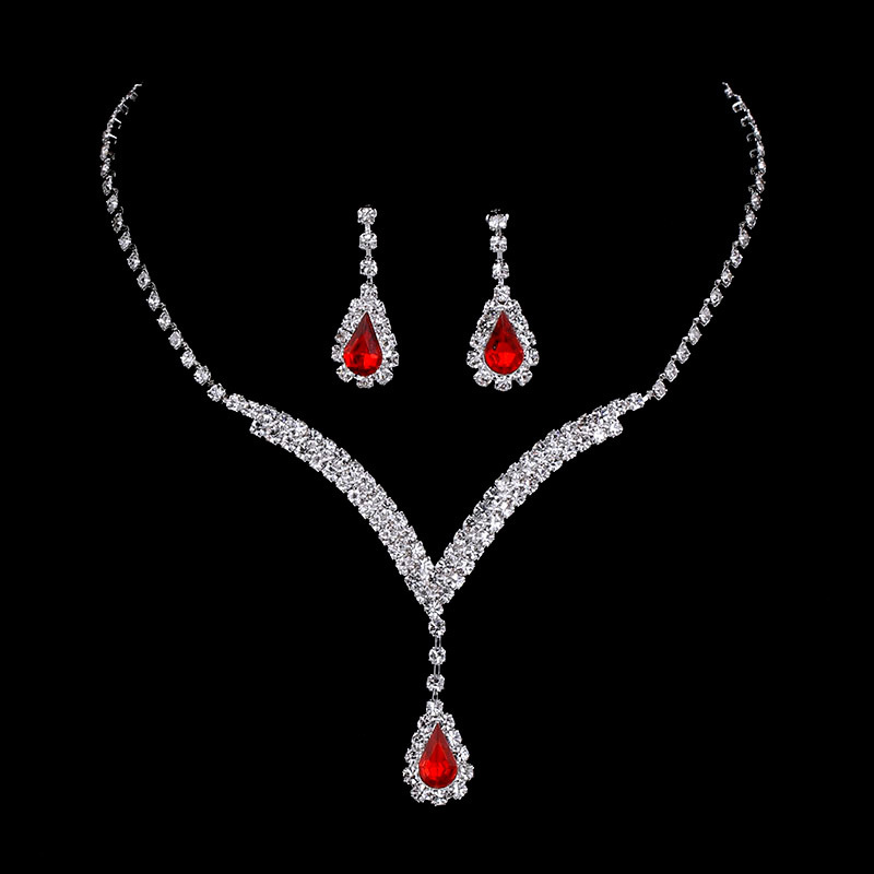Bridal Jewelry European and American Fashion Full Diamond V-neck Water Drop Pendant Necklace Earrings Set Cross-Border Hot Female N5471