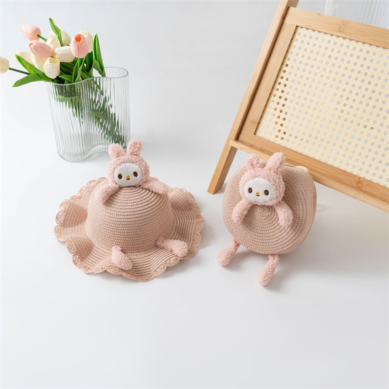 Hat Children's Summer New Straw Hat Bag Two-Piece Cartoon Bear Baby Lace Wave Edge Sun-Proof Beach Hat