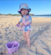 新款沙滩长袖防晒女宝宝冲浪服 连体彩色荷叶边小童 2-5岁泳衣女