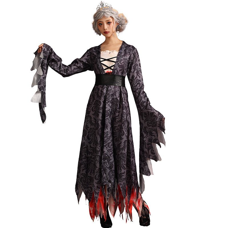 万圣节服装外贸血迹套装公主cos服装 灰色印花宫廷双层大裙摆长裙