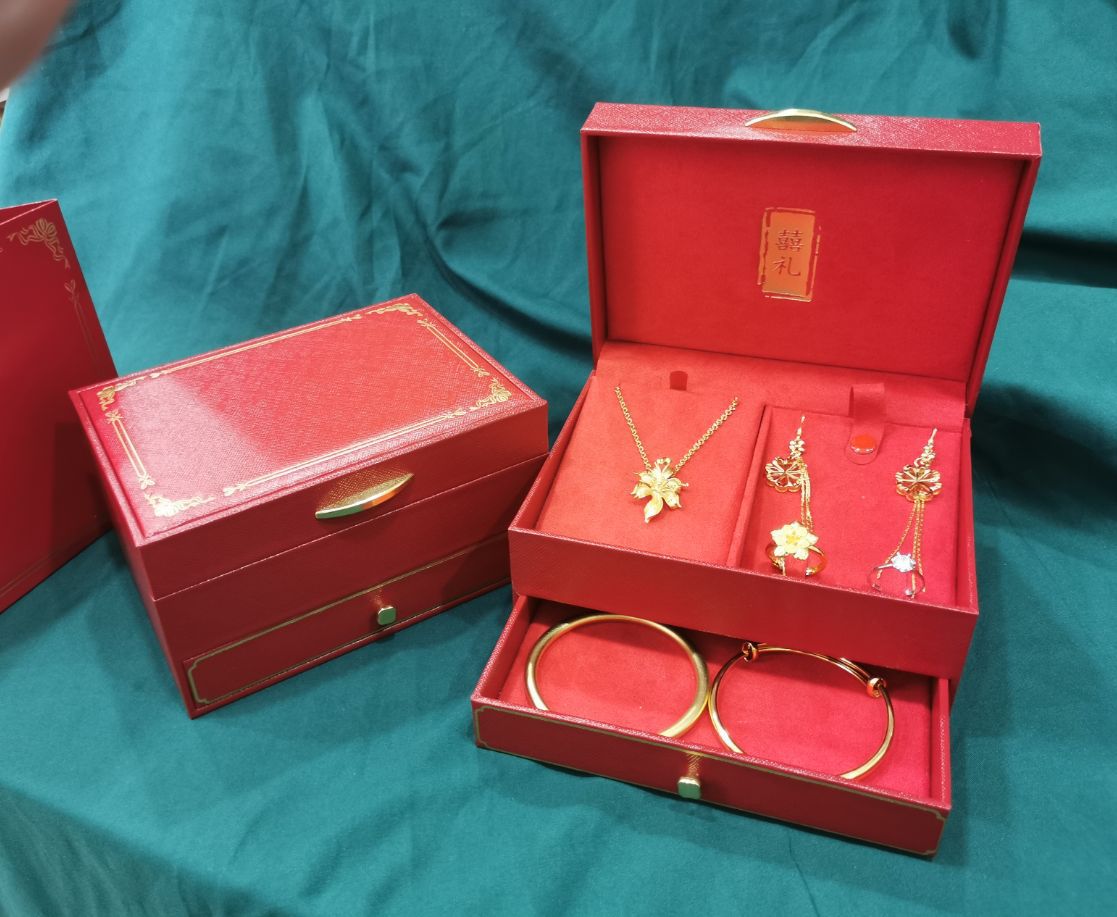 喜庆婚庆三金首饰盒首饰箱抽屉双层订婚结婚定亲五金七金礼盒