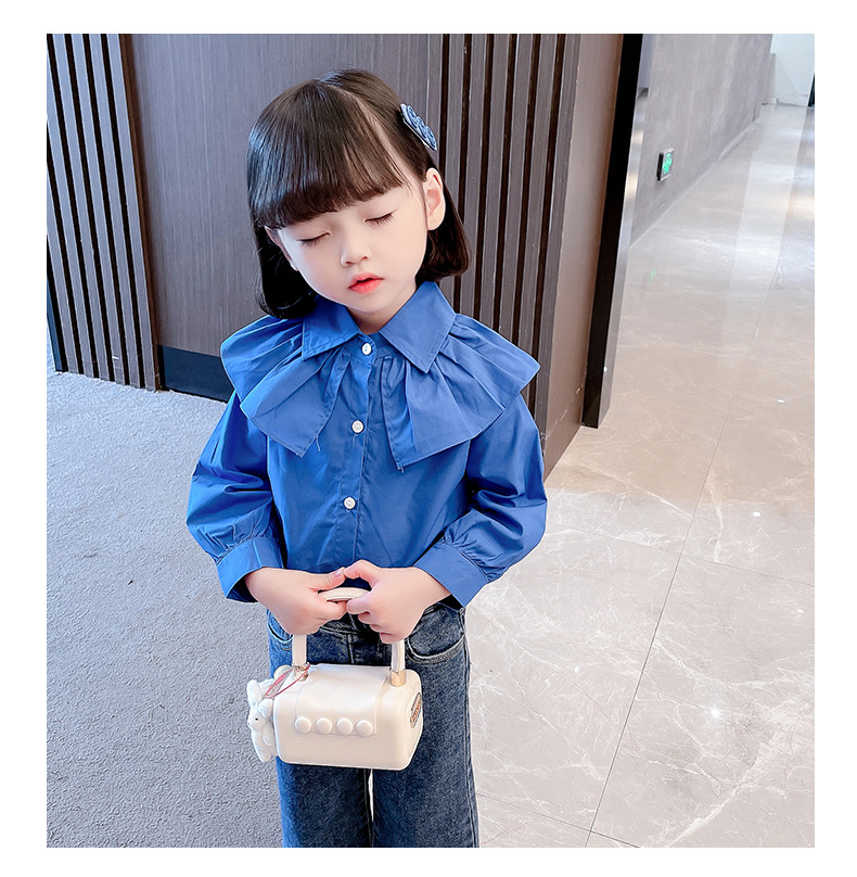 2021秋季新款韩版女童荷叶边领衬衣儿童小女孩洋气蓝色衬衫上衣