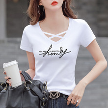 白色修身棉设计感交叉v领短袖t恤女夏季新款2024时尚显瘦上衣潮