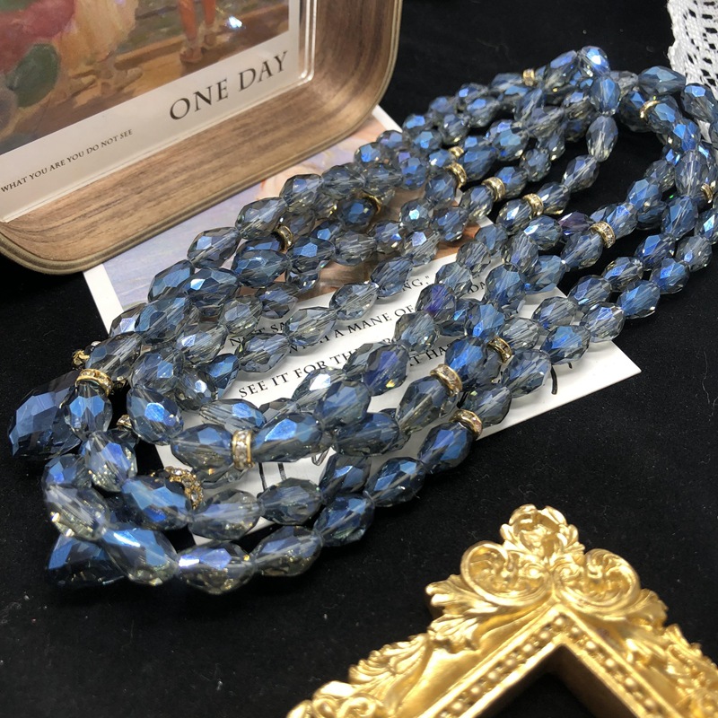 Mid-Ancient Ornament Blue Glass Water Drop Beads Hoop Long Sweater Chain Same Style Earrings Temperament Wild Necklace Set