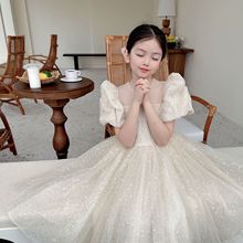 女童新款2024夏季香槟色生日礼服裙61重工珠片泡泡袖洋气公主裙