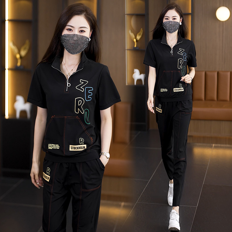 运动服套装女夏季2024新款时尚洋气高级感字母印花卫衣休闲两件套
