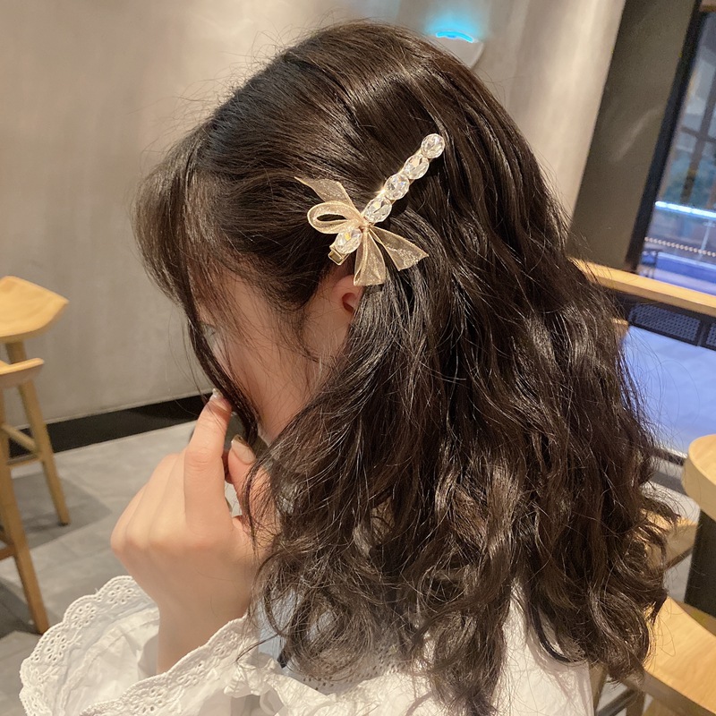 New Hair Accessories Women's Small Yarn Silk Bow Barrettes Fashion Crystal Broken Hair Bang Side Clip Joker Hairclip