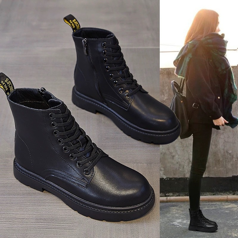 2024靴子秋冬新款马丁靴女英伦风光面女靴中跟平底短-阿里巴巴