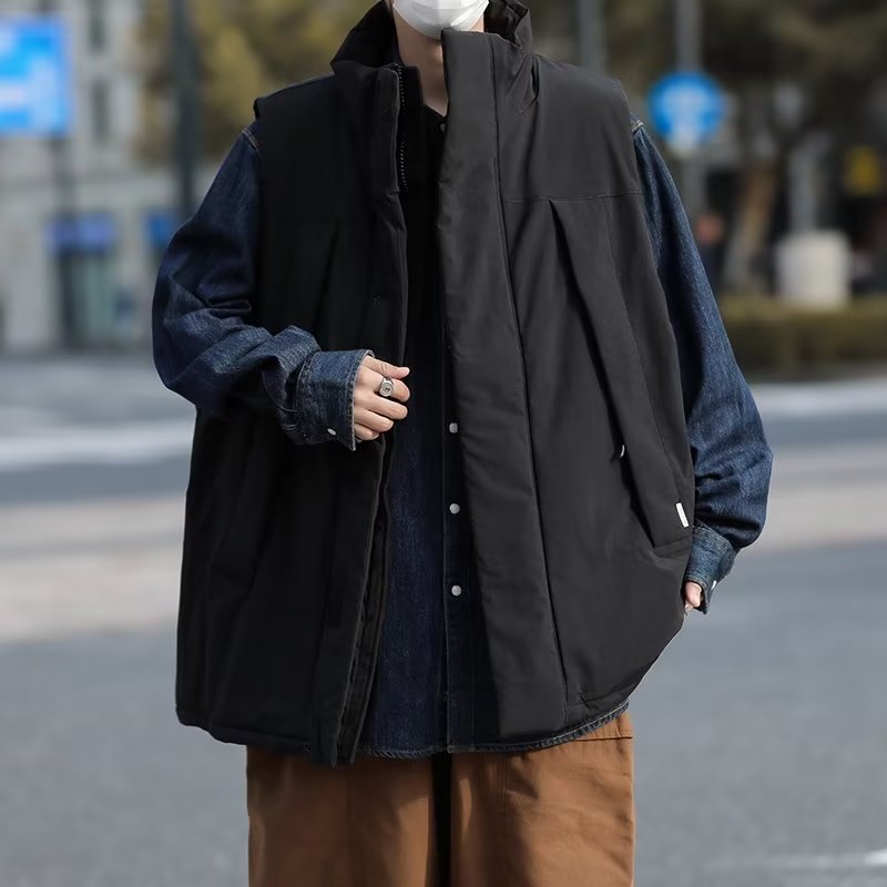 时尚男日系立领坎肩男士冬季宽松棉服马甲潮牌百搭无袖工装棉衣