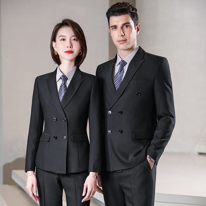 职业装长袖黑色条纹商务西装长裤修身秋冬季粘纤秋季服饰