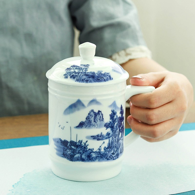 景德镇陶瓷茶杯带盖办公杯青花瓷家用水杯个人杯泡茶杯子印制logo