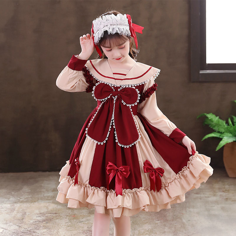 女童洛丽塔公主裙春装萝莉塔裙子洋装小女孩红色长袖连衣裙春夏季