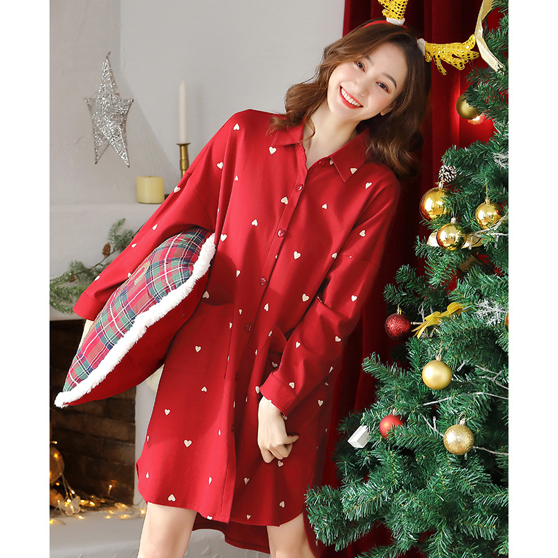 睡裙女春秋款纯棉长袖红色本命年睡衣裙子孕妇宽松大码结婚家居服