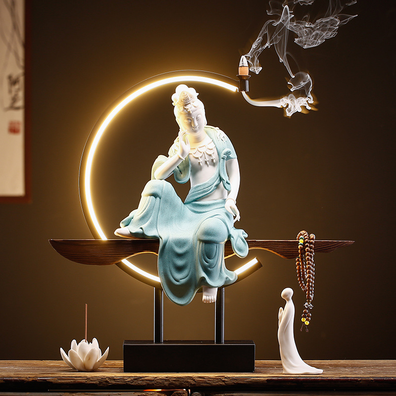 禅意观世音菩萨佛像摆件陶瓷家用灯圈客厅供奉倒流香炉玄关装饰品