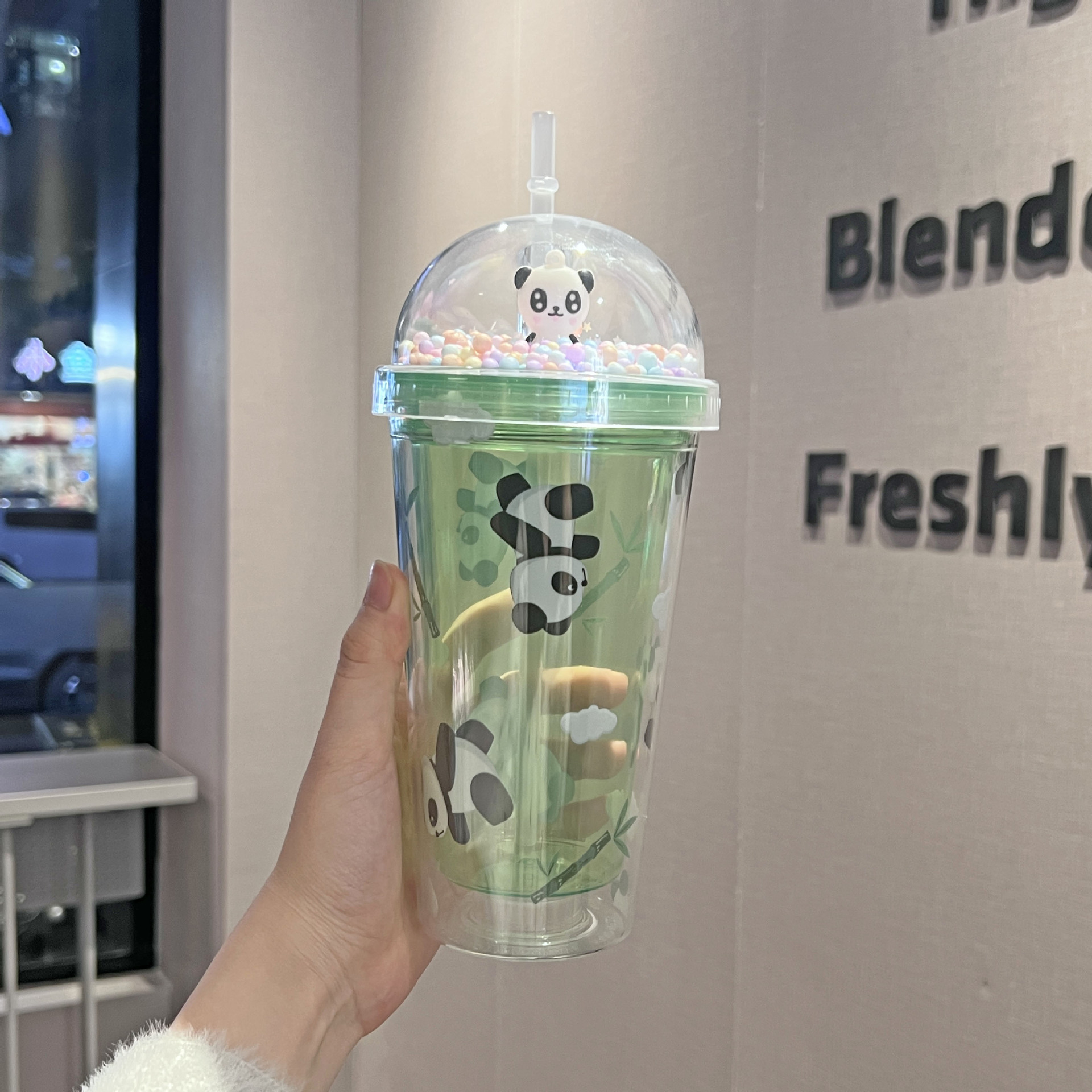 Cross-Border New Arrival Panda Water Cup Double-Layer Ice Crack Crushed Ice Cup Plastic Cup Wholesale Large Capacity Cartoon Portable Straw Cup