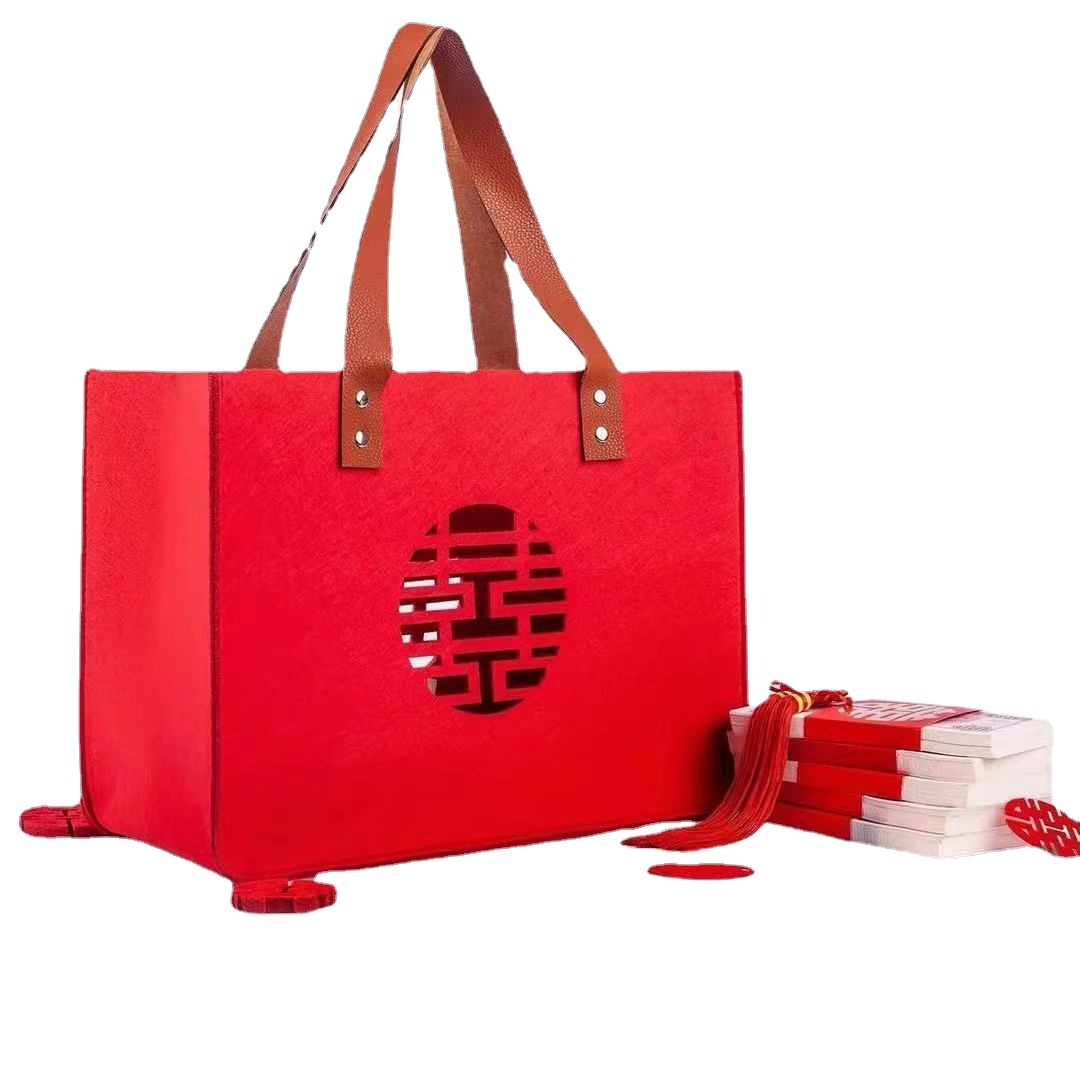 婚庆伴手礼毛毡包镂空装饰喜字手提袋收纳包厂家批发百日宴礼品袋