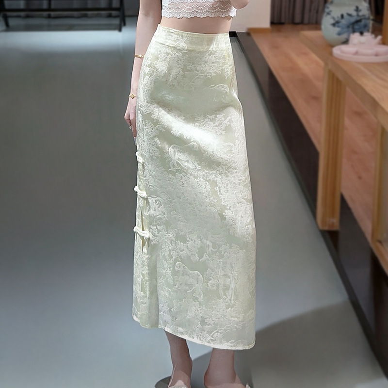 中国风中式盘扣半身裙女装春夏新款高腰修身气质长款复古提花裙子