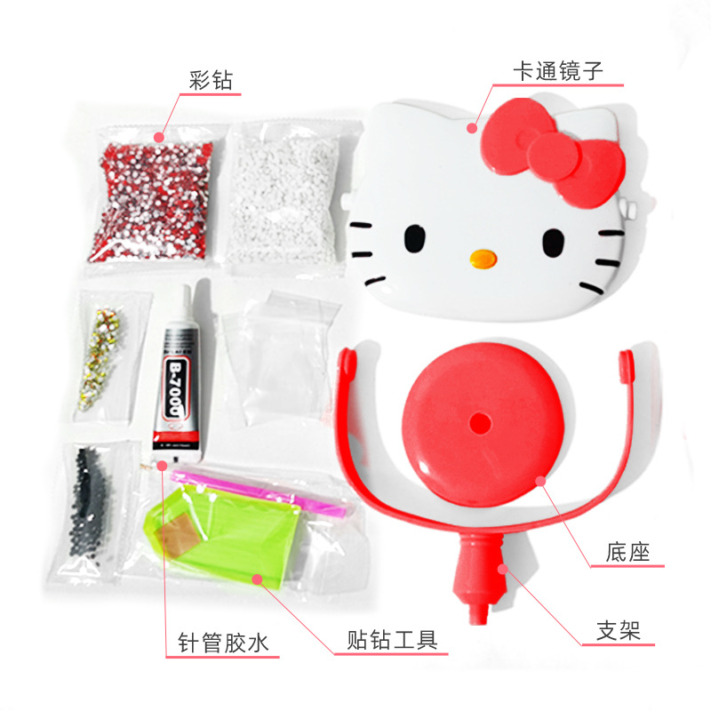 Sanrio Diamond-Embedded Hello Kitty Makeup Mirror Diy Stick-on Crystals Table Mirror Desktop Handmade Stick-on Crystals Dressing Mirror Cat Head Mirror