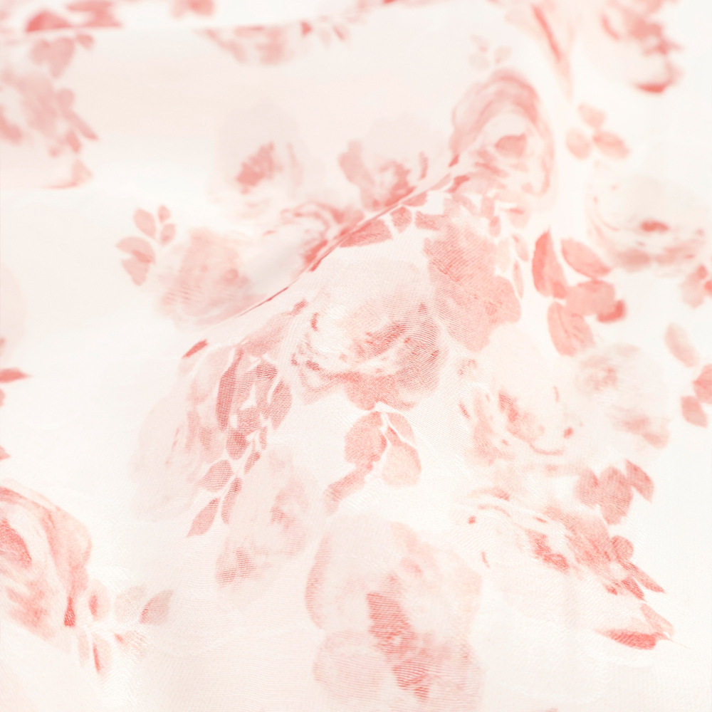 清新甜美 胭脂红樱花暗纹微透印花天丝麻布料连衣裙衬衫服装面料