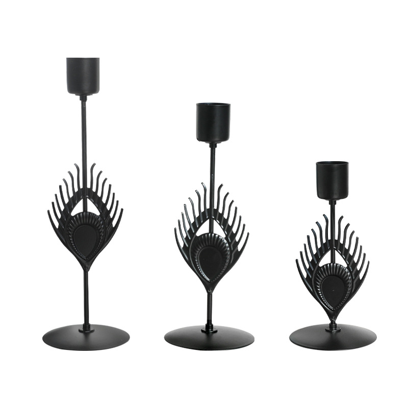 Nordic Light Luxury Iron Metal Crafts Home Black Feather Three-Piece Candlestick Decoration Holiday Creative Ornaments