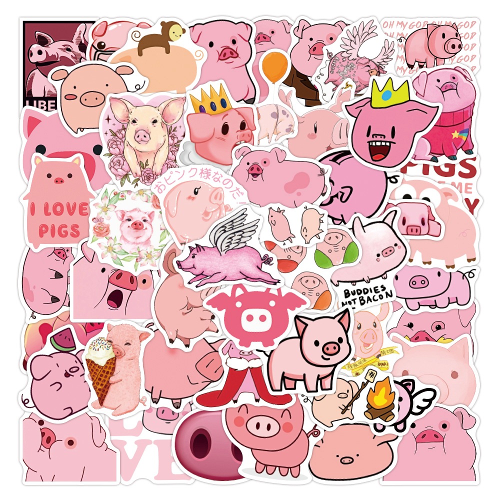 50张可爱胖嘟嘟粉色猪贴纸 卡通pig手账素材保温杯防水行李箱贴纸
