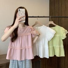 夏季女牛油果绿甜美娃娃衫短款上衣法式独特别致短袖雪纺小衬衫潮