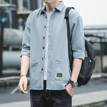 衬衣男七分袖男式衬衫工作服电焊服春秋季工装寸衫休闲上衣男装潮