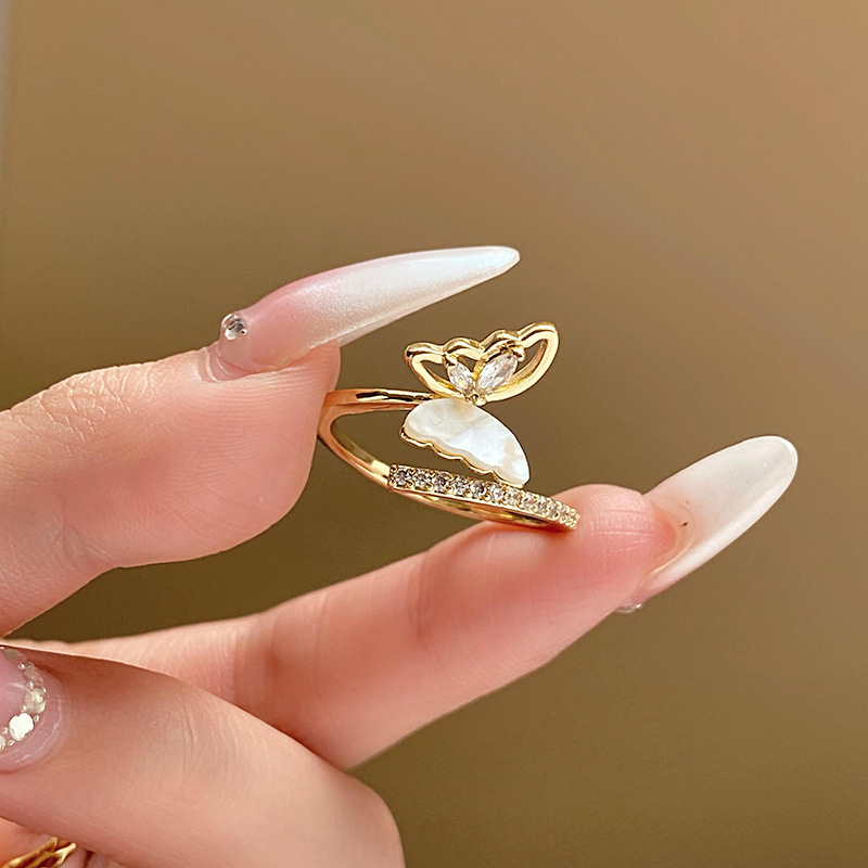 High-Grade Zircon Pearl Butterfly Shell Open Ring Minority Simple Index Finger Ring Light Luxury Fashion All-Match Bracelet