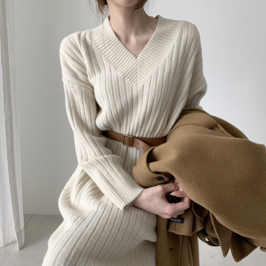 Knitted Dress Autumn and Winter New Lazy Wind Mid-Length V-neck Sweater Women's Korean Style Loose Pullover Woolen Skirt