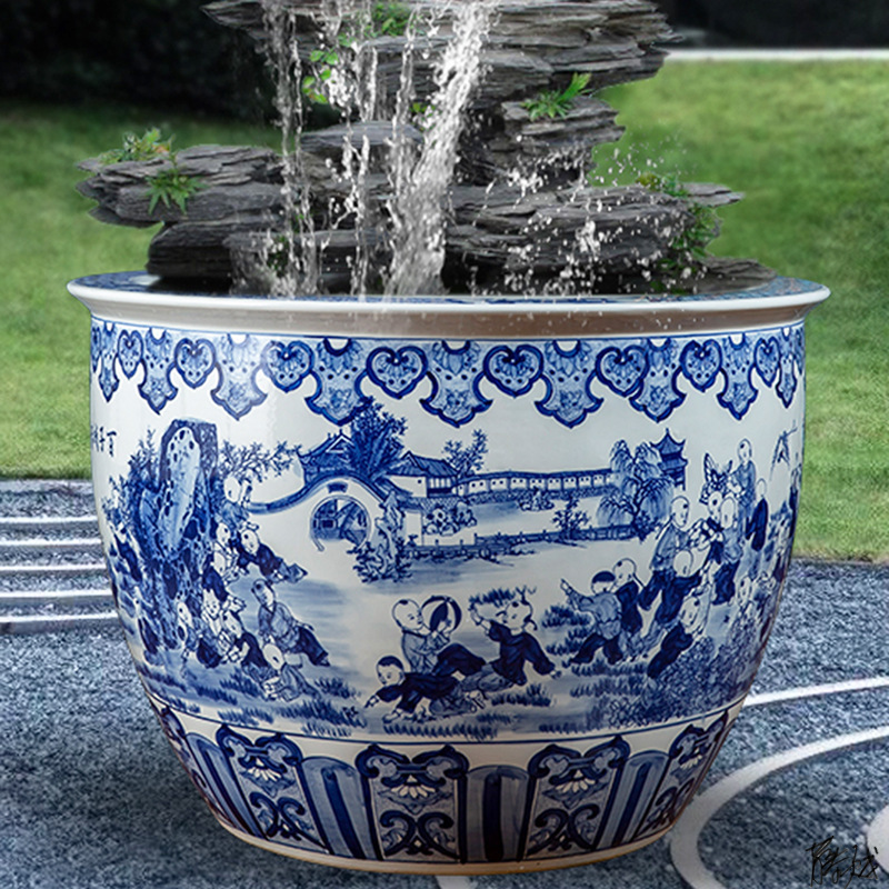 陶瓷大缸庭院景德镇圆形老式青花瓷养鱼缸民宿水缸仿石仿古荷花盆