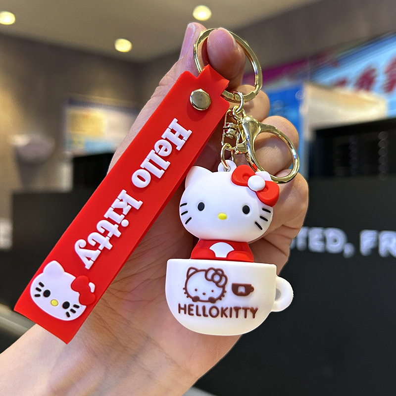 Factory Wholesale Tea Cup Hello Kitty Hello Kitty Cartoon Lovely Key Buckle Pendant Schoolbag Pendant Girl Student Pendant