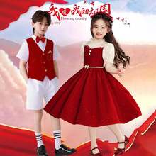 六一中小学生表演服夏季红色连衣裙男女孩主持人礼服演出服诗朗诵