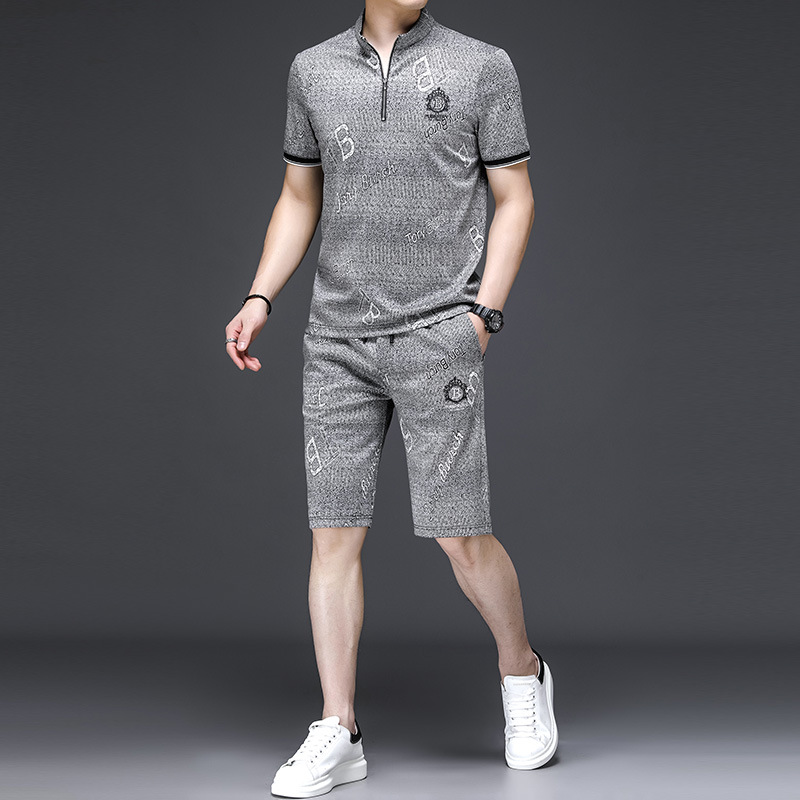 普雷维尔 夏季新品男式立领短袖t恤衫短裤两件套男装运动套装批发