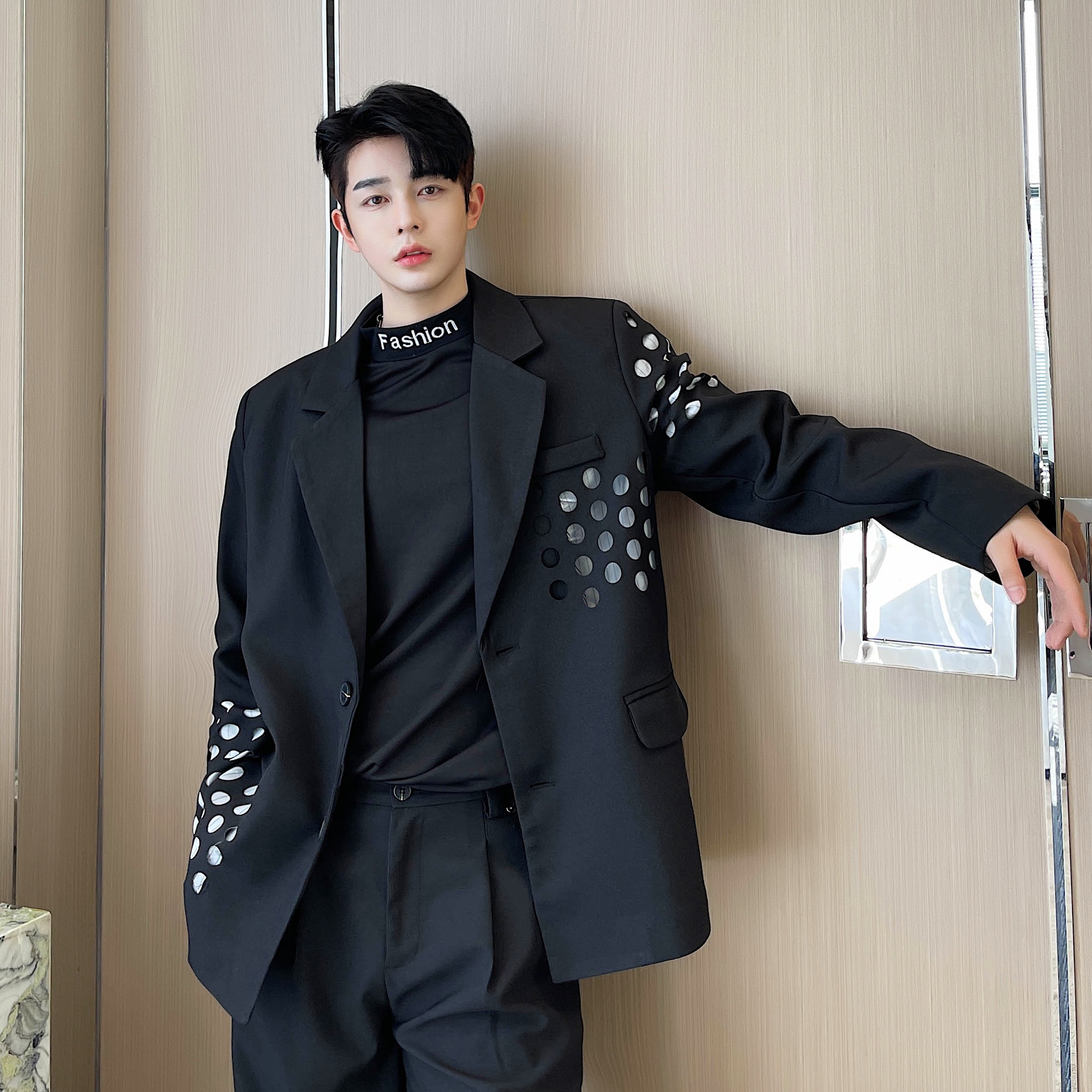 潮牌男西装炸街ins网红同款圆孔镂空西服个性设计雅痞男休闲西装