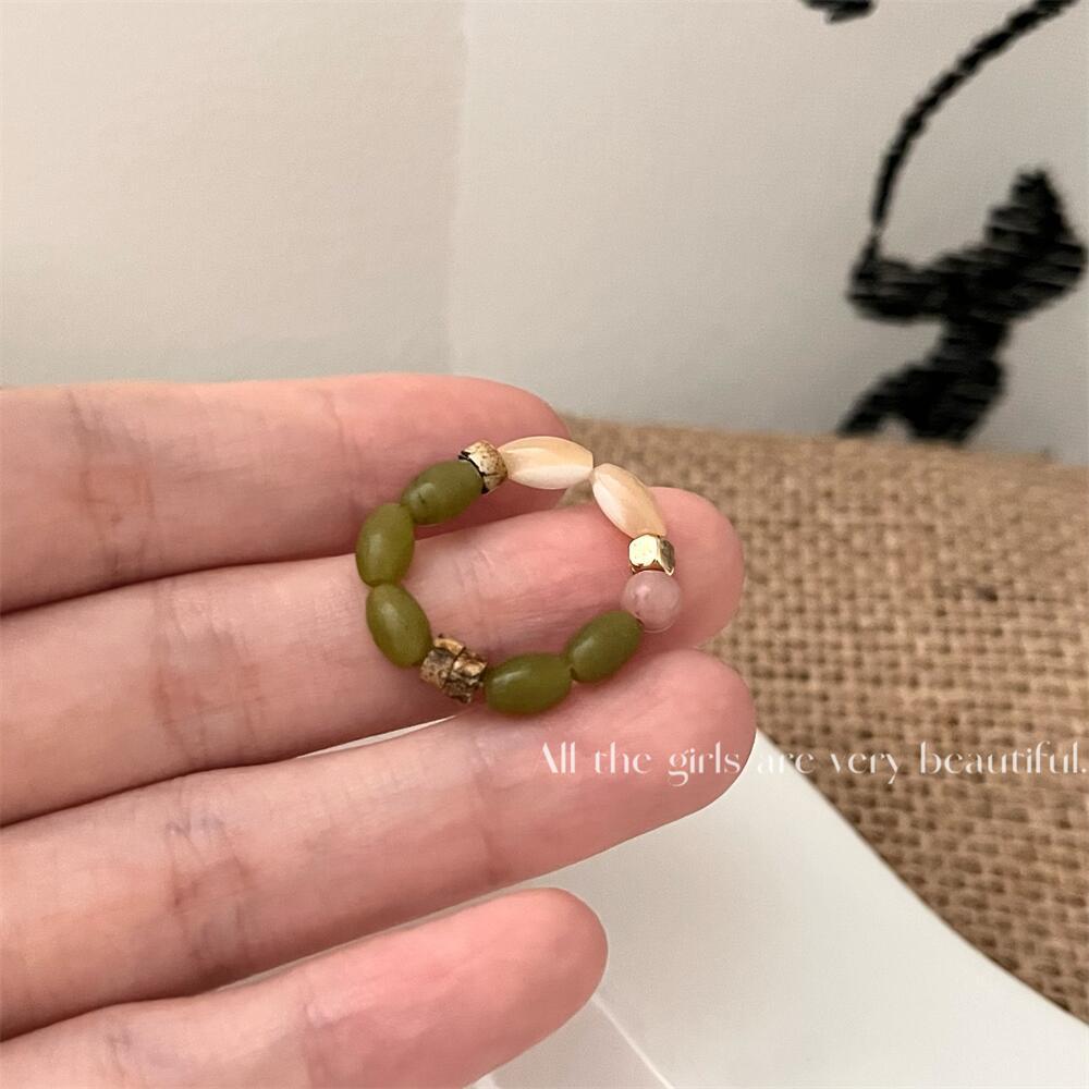 Homemade Niche Natural Stone Beaded Shell Ring New Chinese Style Cold Style High-Grade Elastic Ring Twin Ins