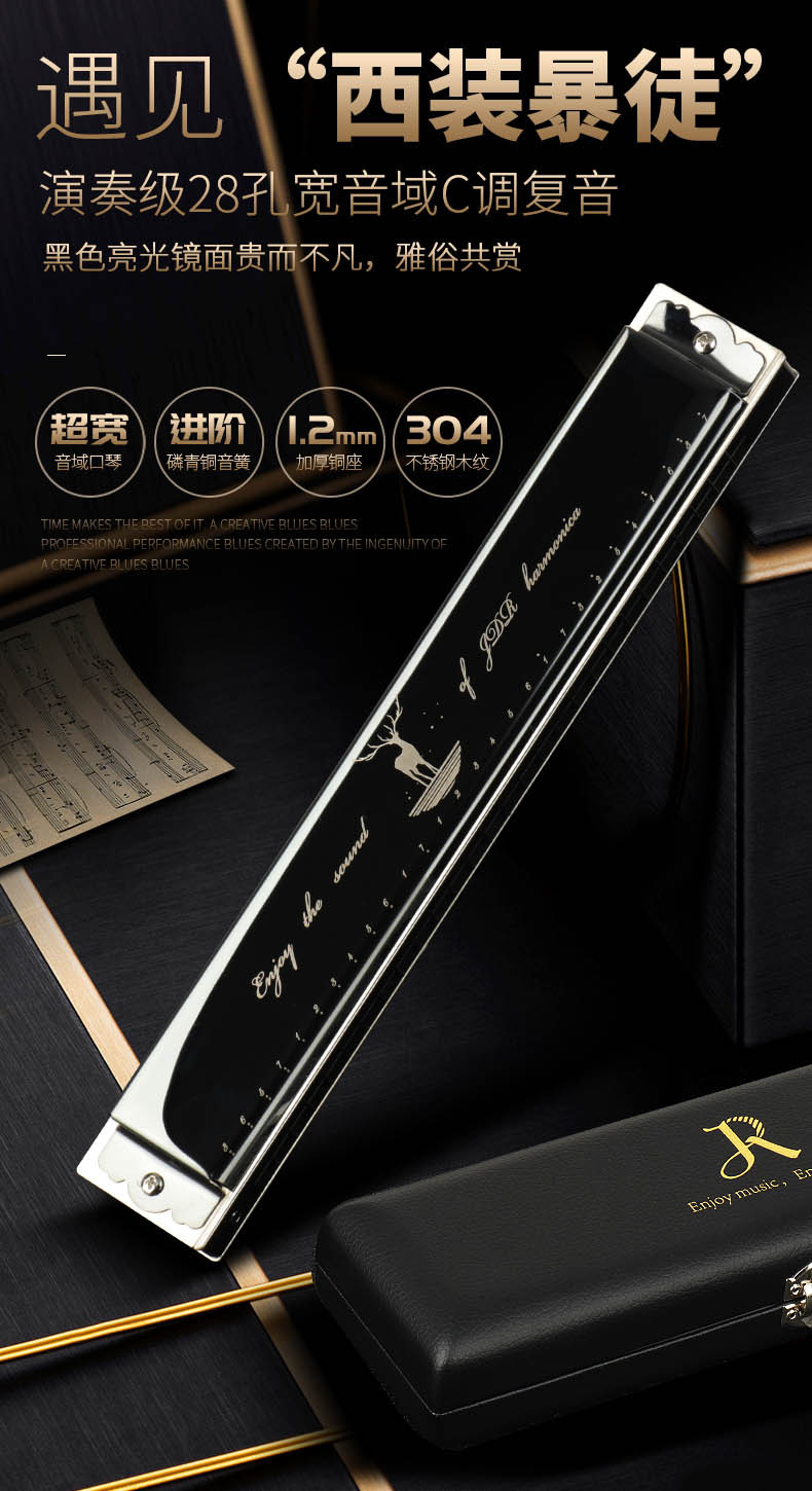 jdr嘉德瑞半音阶口琴24孔28c调复音专业演奏级学生初学者男士高级